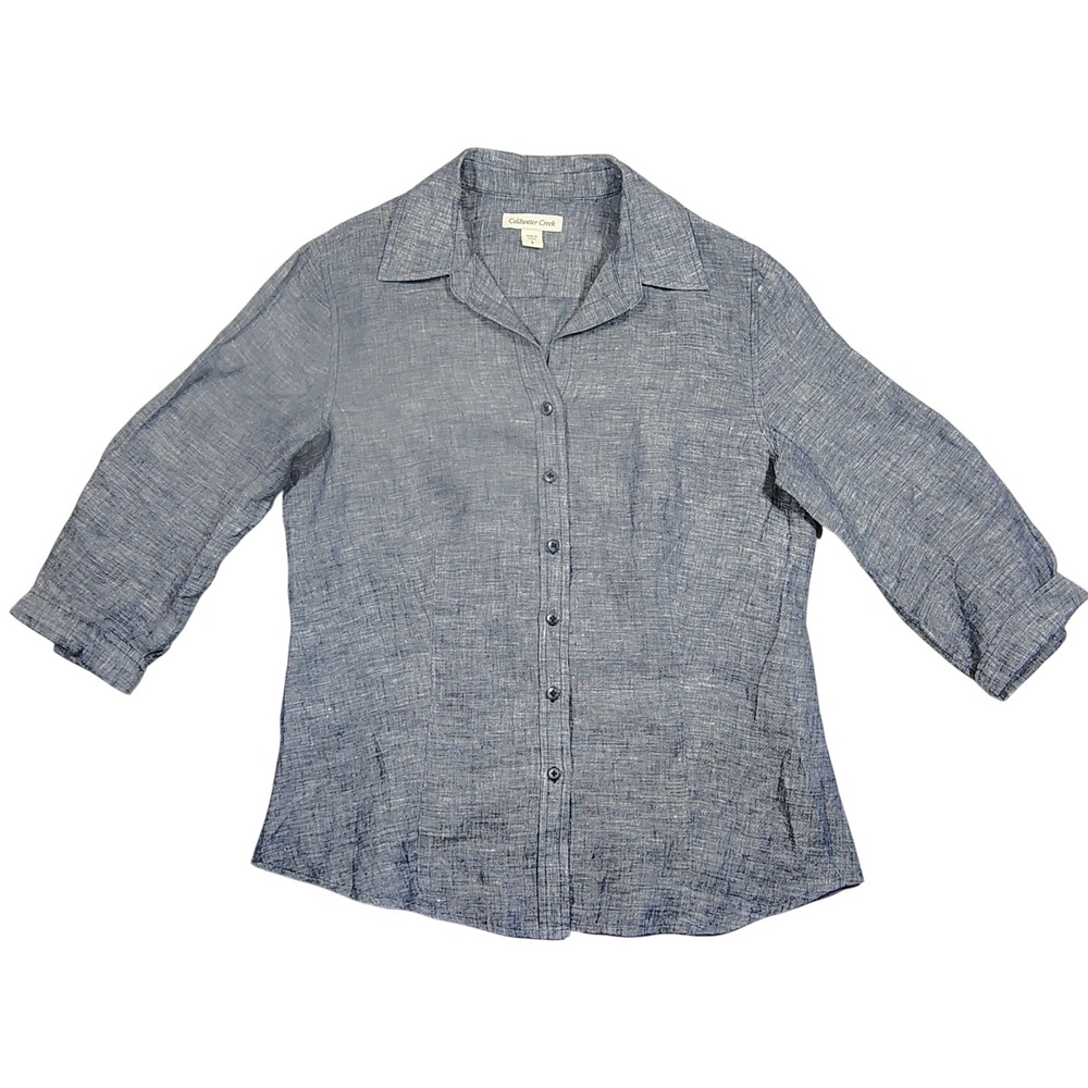 Coldwater Creek Button Down‎ Women S 8 Blue Linen 3/4 Sleeve Solid Woven Shirt